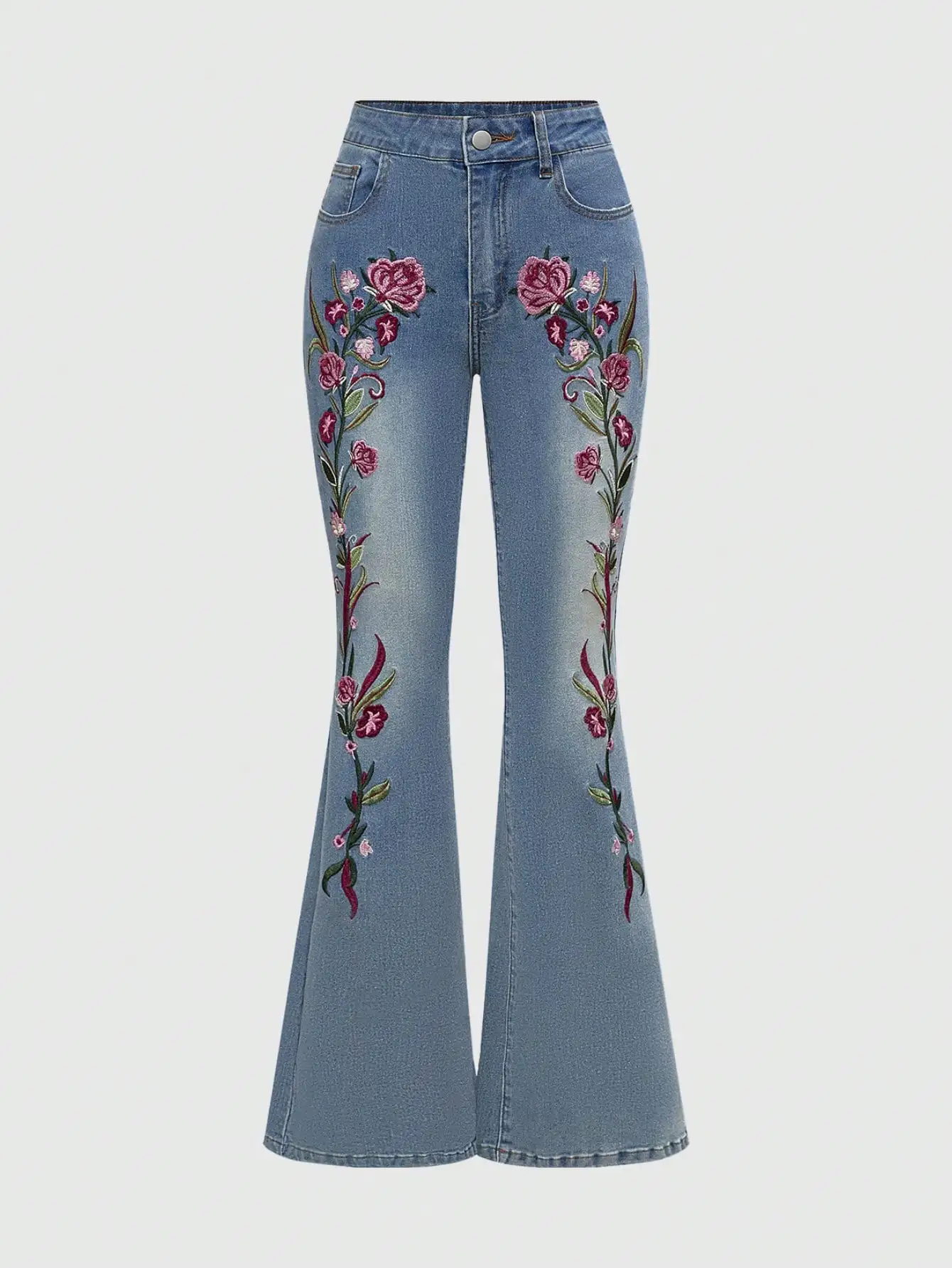 

Женские джинсы с высокой талией, расклешенные, с цветочной вышивкой