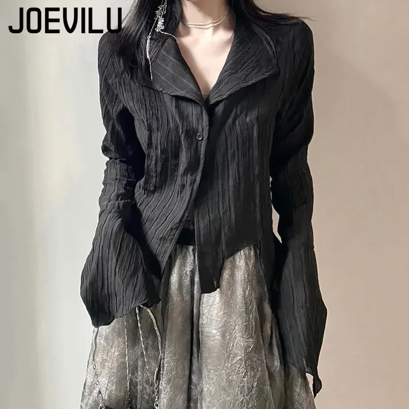 JOEVILU Yamamoto Style Black Shirt Women\'s Extended Sleeves Irregular Blouses Babes Retro Dark Aesthetic Clothes Gothic Y2k Tops