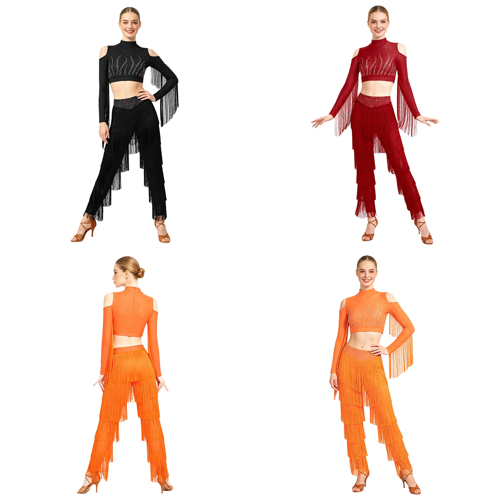 Women Cold Shoulder Shiny Rhinestone Latin Dance Crop Top with Tassels Pants Cha-Cha Samba Rumba Tango Ballroom Salsa Dancewear