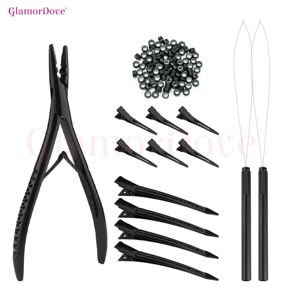 

Набор инструментов для наращивания волос GlamorDove – щипцы для микрокольцев, инструмент для петель, зажимы и 200 шт. бусин для наращивания волос I-Tip и микрокольцевым методом