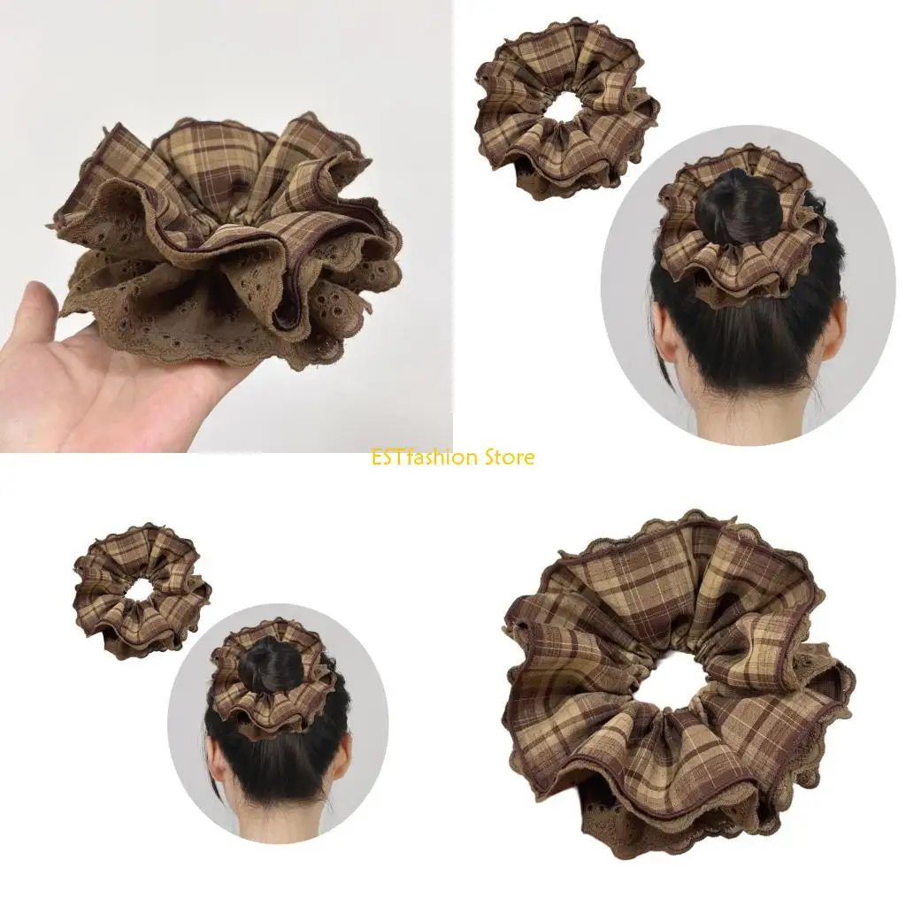 

Y5GC MultiLayer Lace Hair Tie Brown Plaids Scrunchie For Women Strong Hold Hairband