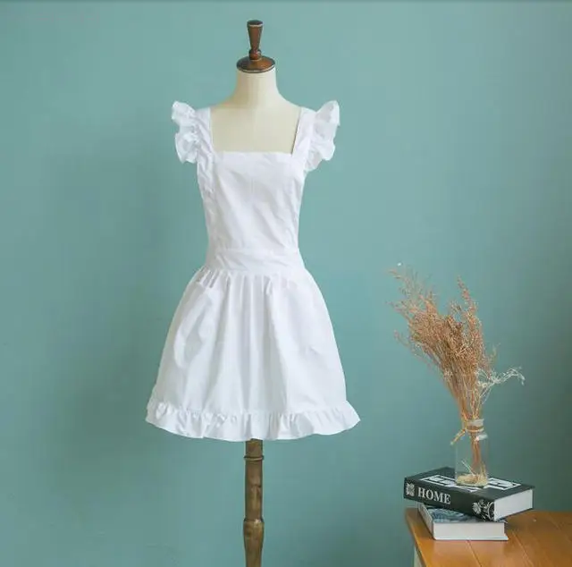 Japanese Style Women Elegant Victorian Pinafore Apron Maid Lace Smock Costume Ruffle Pockets White/Pink