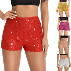 WPNAKS Women Sequins Shorts Summer Clothes Mid Waist Elastic Band Sparkly Glitter Hot Straight Leg Shorts Sexy Club Streetwear