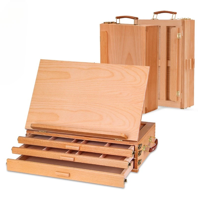 Desktop easel with storage box, oil painting box stand, multi-functional wooden painting tool, foldable