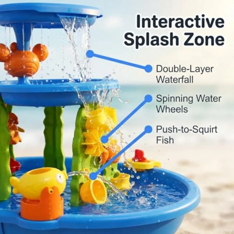 3-In-1 Sand And Water Table For Toddlers Ages 3+, Large Outdoor Sensory Play Table With Double-Layer Waterfall, Push-To-Squirt