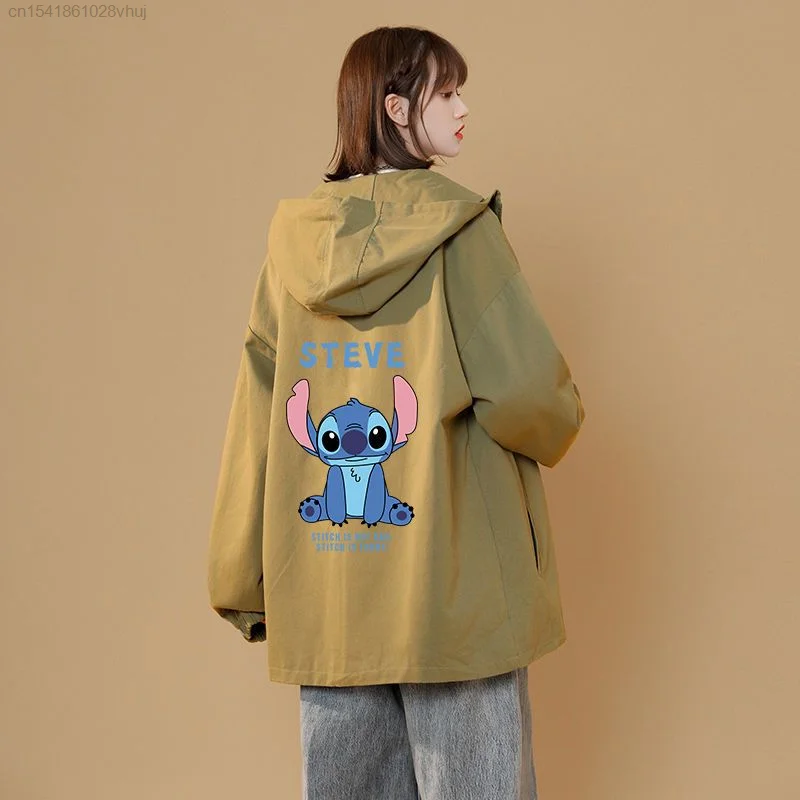 Disney Cartoon Stitch Bomber Jacket For Girls Trendy Oversized Outerwear Student Hooded Jacket Y 2k Hip Hop Black Cardigan Coats