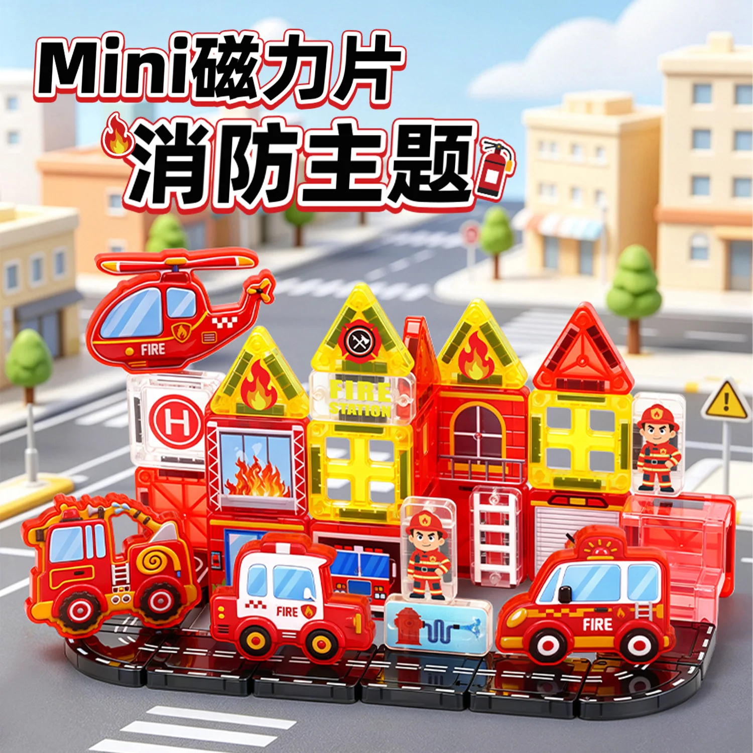 Fire Truck Magnetic Tiles Mini Pocket Portable Color Window Magnet Building Blocks Kids Educational Interactive Toy Gift Set
