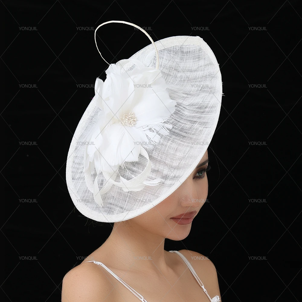 

high quality white sinamay Fascinator Hats Wedding Big Millinery Elegant Ladies Bridal feather flower with HeadbandHeadwear
