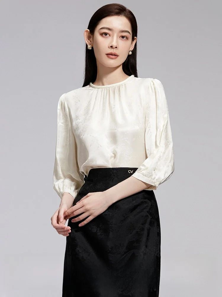 

Zfunzoe Китайская шелковая повседневная блузка для женщин с круглым вырезом и рукавами-фонариками, приятная к телу, дышащая, с цветочной вышивкой