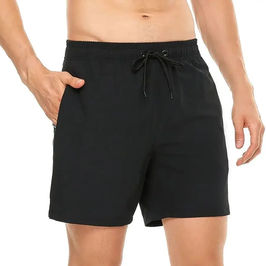 Elastic Closure Men's Swim Trunks Quick Dry Beach Shorts with Zipper Pockets and Mesh Lining