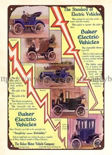 hanging reproductions 1908 Baker Electric Vehicles metal tin sign