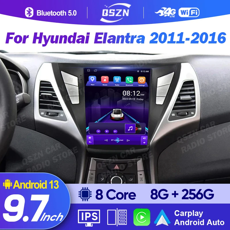 Autoradio Tesla 9.7 pouces Android 13.0, pour Hyundai Elantra 2011 2012 2013 2014 2015 2016, lecteur vidéo multimédia Vertical QLED GPS 4G