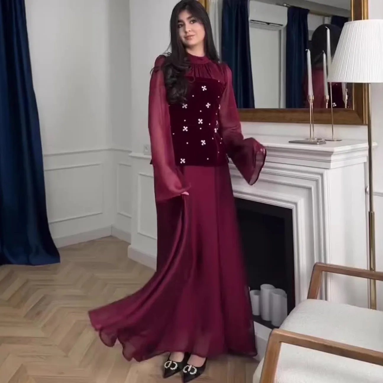 Two Set Pullover Set with a Line Skirt High Waist Long Sleeve Round Neck Slim Fit Elegant Pleated Dress Spring for Women