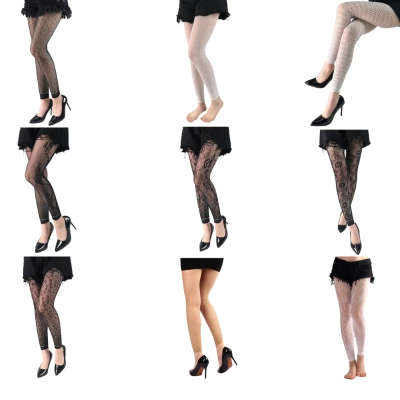 

Women Floral Patterned Fishnet Ankle Tights No Toes Pantyhose High Waist Gothic Footless Lace Mesh Leggings Stockings Clubwear