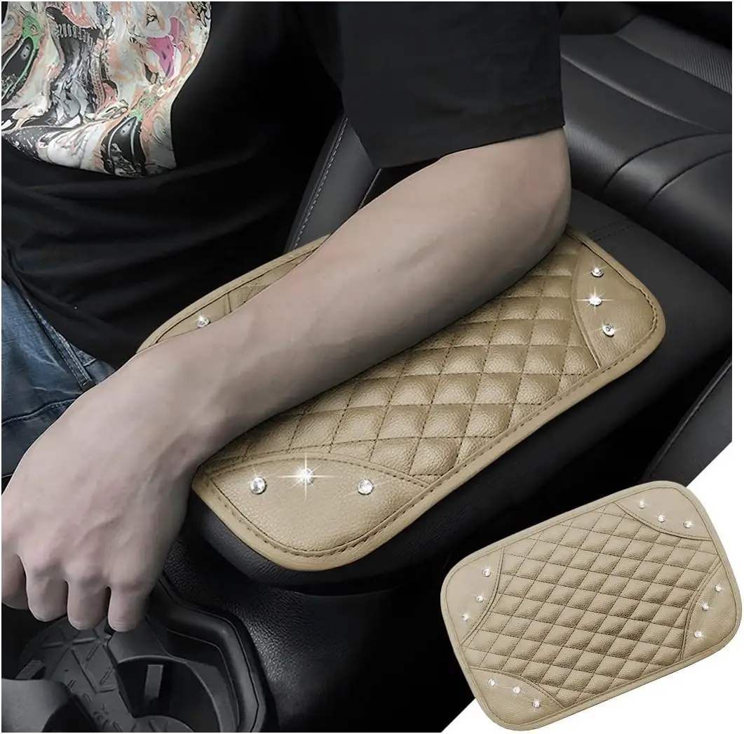 Bling Crystal PU Leather Center Console Cover Car Armrest Seat Box Mat Universal Waterproof Car Interior Accessories