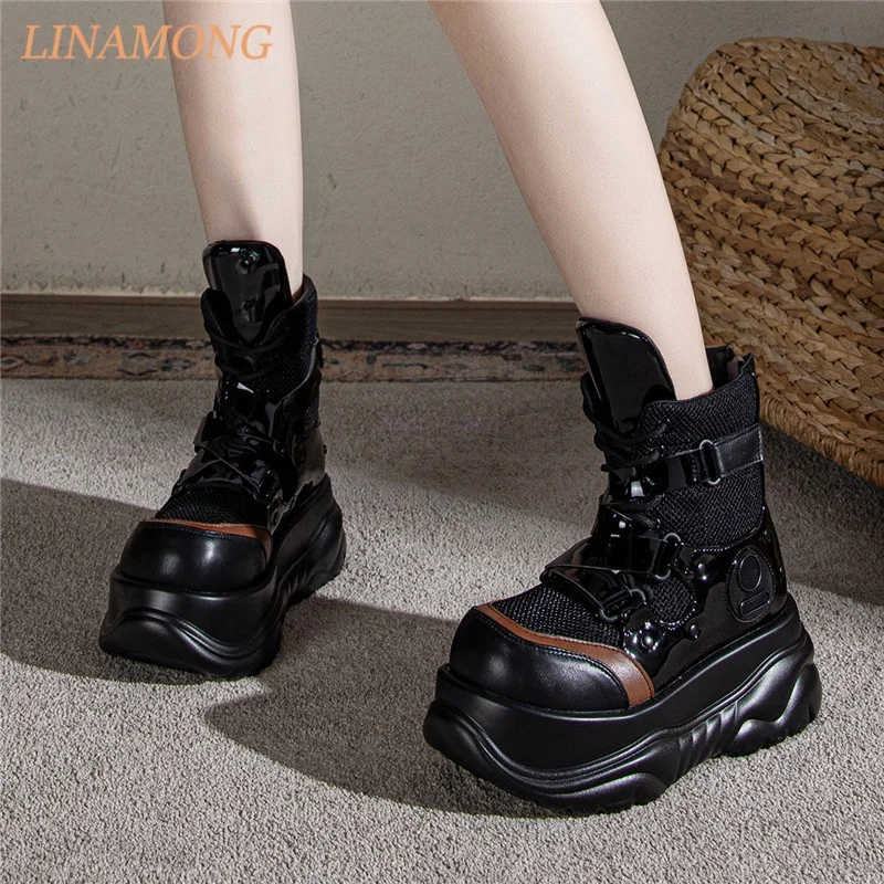 Women Streetwear Platform Mid Ankle Boots Breathable Mesh Panel Leather Buckle Lace Up Trendy Alternative Outdoor Casual Shoes