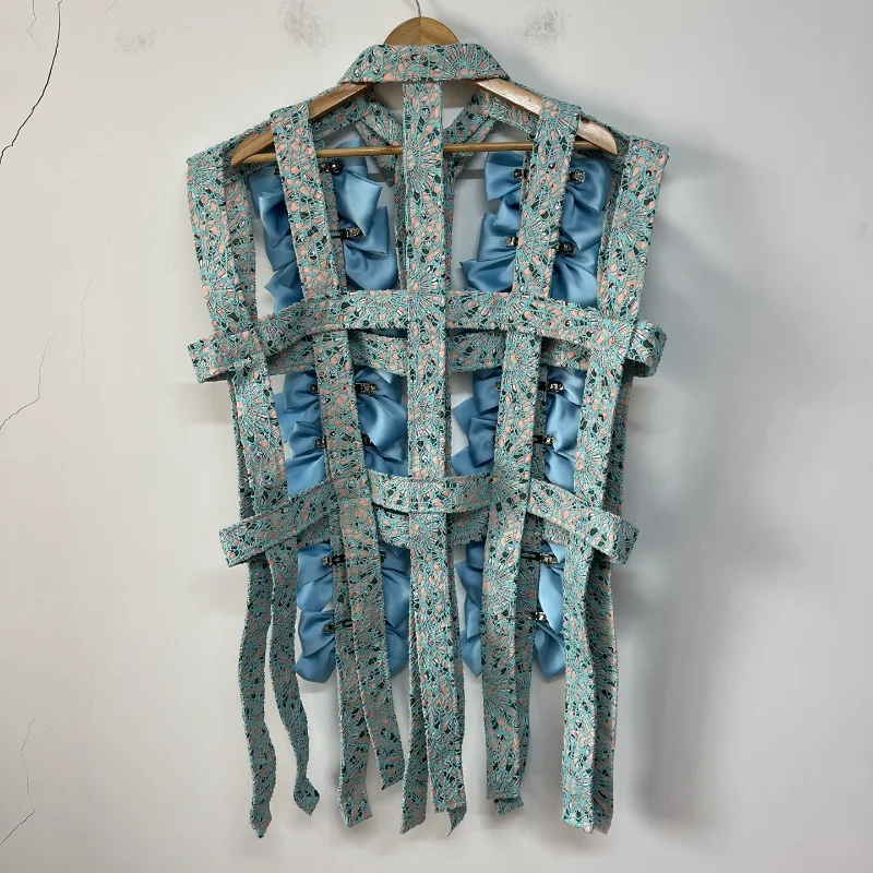 MWJLPWQ Bow-Tie Striped Deconstructed Hollow-Out Design Vest Shirt Male Niche Designer Loose-Fitting Unique Versatile Tops 16808