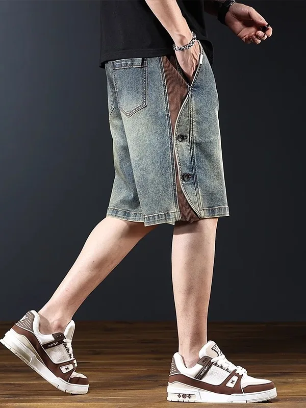 

Мужские летние тонкие свободные широкие брюки-карго из денима в стиле пэчворк, американские ретро-шорты до колен