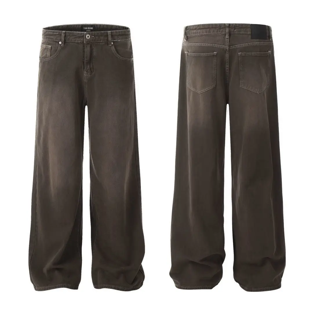 

Retro American Sle Distred Waed Brown Wide Leg Loose Fit Casual Jeans for Men And Women Straight Cut Floor Length