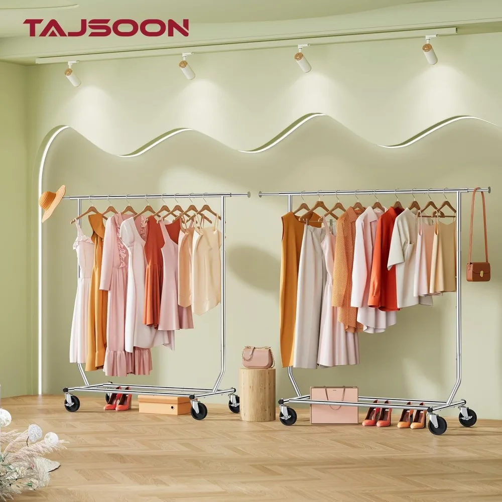 Heavy Duty Foldable Clothes Rack with Wheels, Extendable Rod, and Shelf, Max Capacity 250lbs