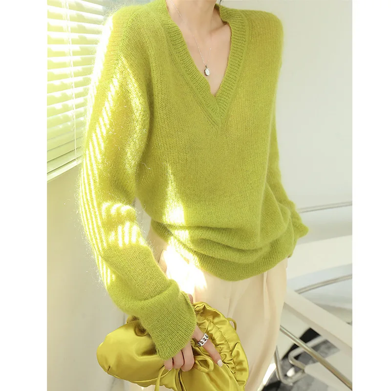 

Casual V-Neck Fluorescent Green Mohair Sweater Women, Suitable For Spring And Autumn, Stylish Outerwear, Knitted Top, 2025 New