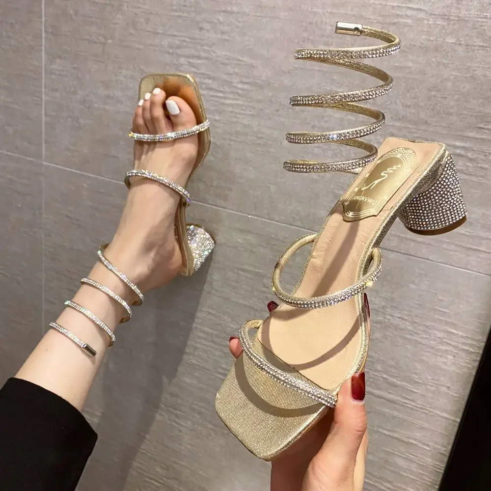 Xibeilove 2024 Summer Luxury Women Sandals Crystal Square Head Gold Rhinestone Snake Pattern High Heels Wedding Party Shoes