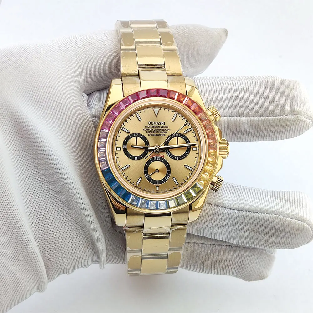 Orologio con gemma a colori di lusso da 39 mm Nuovo cronografo Orologio meccanico impermeabile da uomo in vetro zaffiro Orologio con movimento 7750 / 4613D