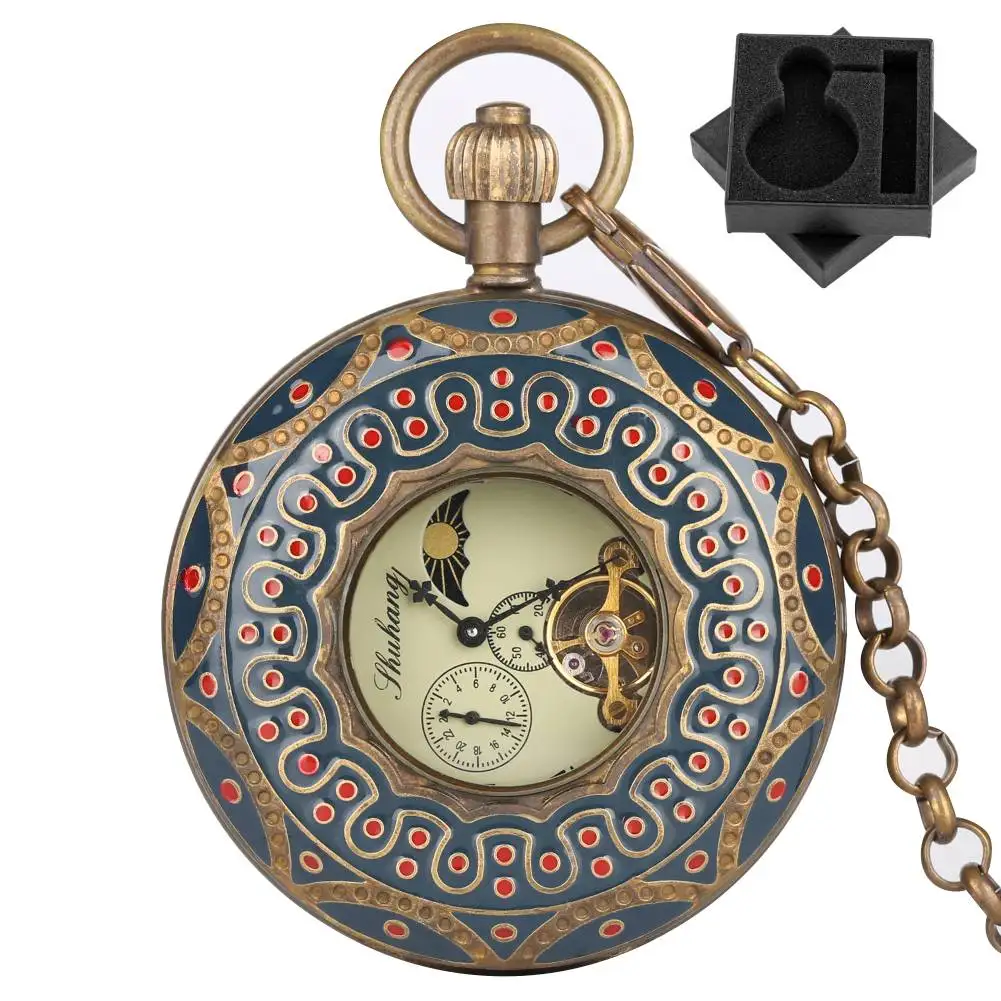 Vintage Luxury Copper Mechanical Self Winding Pocket Watch Hollow Double Hunters Pendant Clock Tourbillon Automatic Timepiece