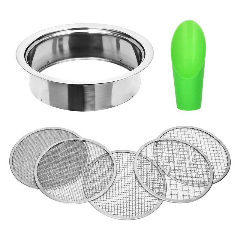 ABZC-Garden Soil Sieve Set Stainless Steel Mesh Sifter,Compost With 1, 3, 6, 9, 12Mm Mesh And Bonsai Soil Scoop