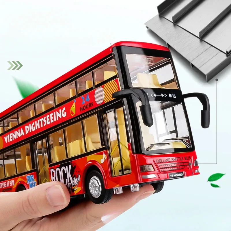 نموذج حافلة لمشاهدة معالم المدينة ذات الطابقين، ضوء الصوت، ألعاب التراجع، سيارة الأطفال الصبي، هدية محاكاة سبيكة مصغرة