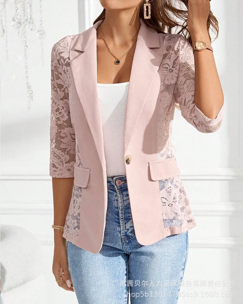 Dámský nový klopový výstřih s krajkovou nášivkou a jedním knoflíkem, průsvitný sako - náhled 4