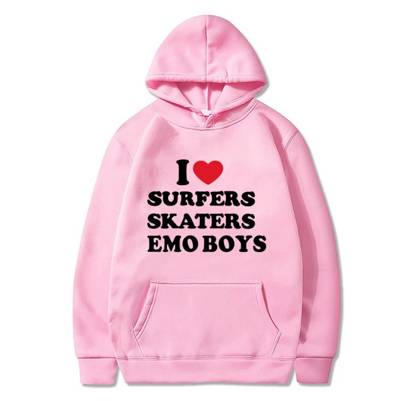 Moletom estampado I Love Surfers para homens e mulheres, pulôver casual de grandes dimensões, moletom Harajuku, patinadores engraçados, Emo Boys, outono, moda inverno