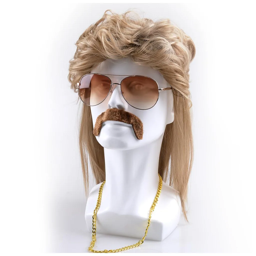 80s Disco Synthetic Wig Set Golden Brown Wigs Sunglasses Gold Chain Mustache for Men Retro Rock Halloween Party Fancy Accessory view 5