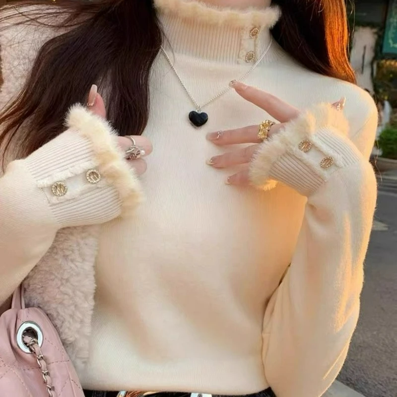 

A Ruffled Semi-high Neck Warm Base Knitted Sweater Top for Women's 2026 Winter New Fashion Paired Long-sleeved Sweater for Women