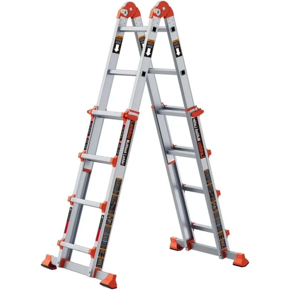 Ladder, A Frame 4 Step Ladder Extension, 14 FT Anti-Slip Multi Position & Storage Folding Ladder, 330 lbs Security Load