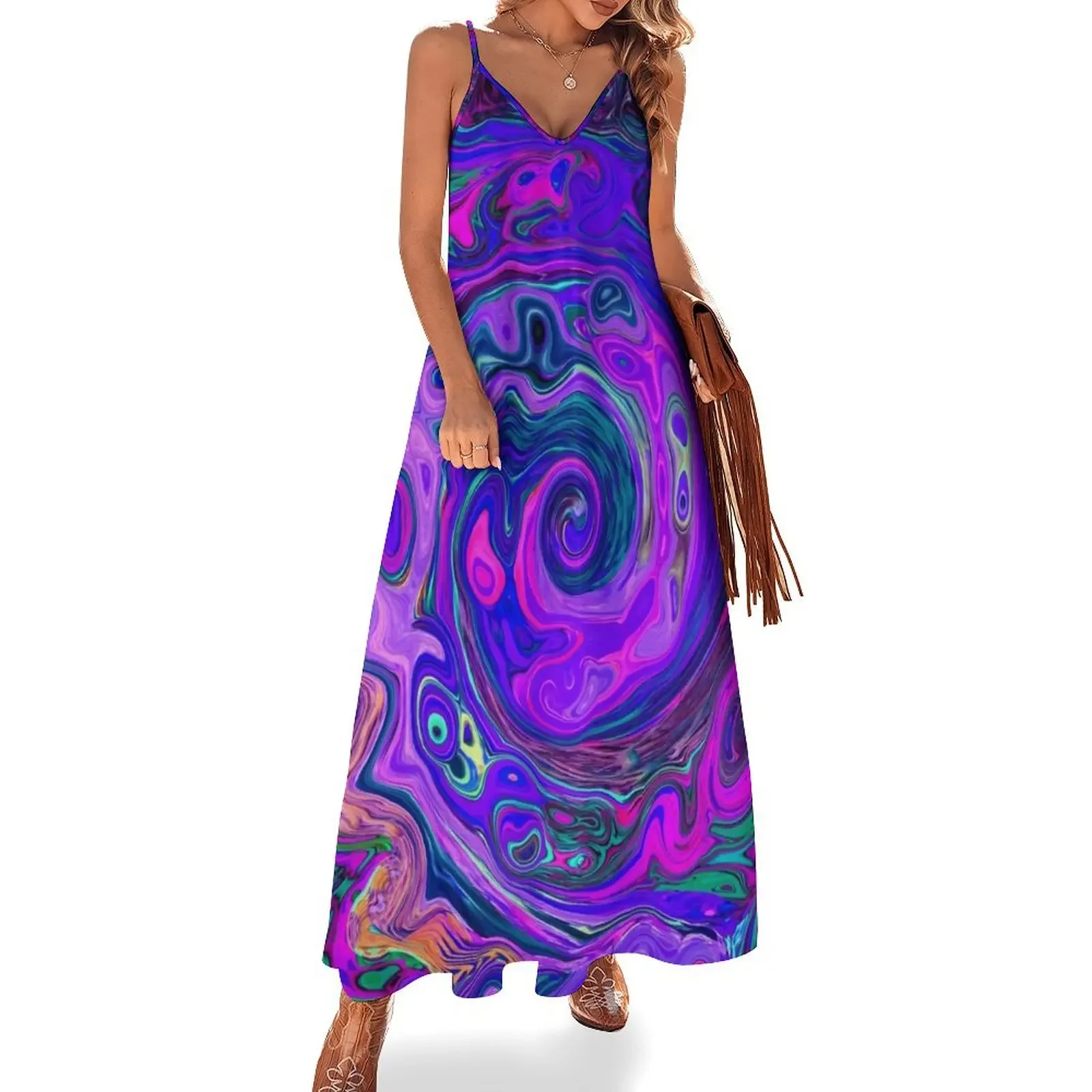 

Groovy Abstract Retro Magenta and Purple Swirl Sleeveless Dress Women's clothing Beachwear