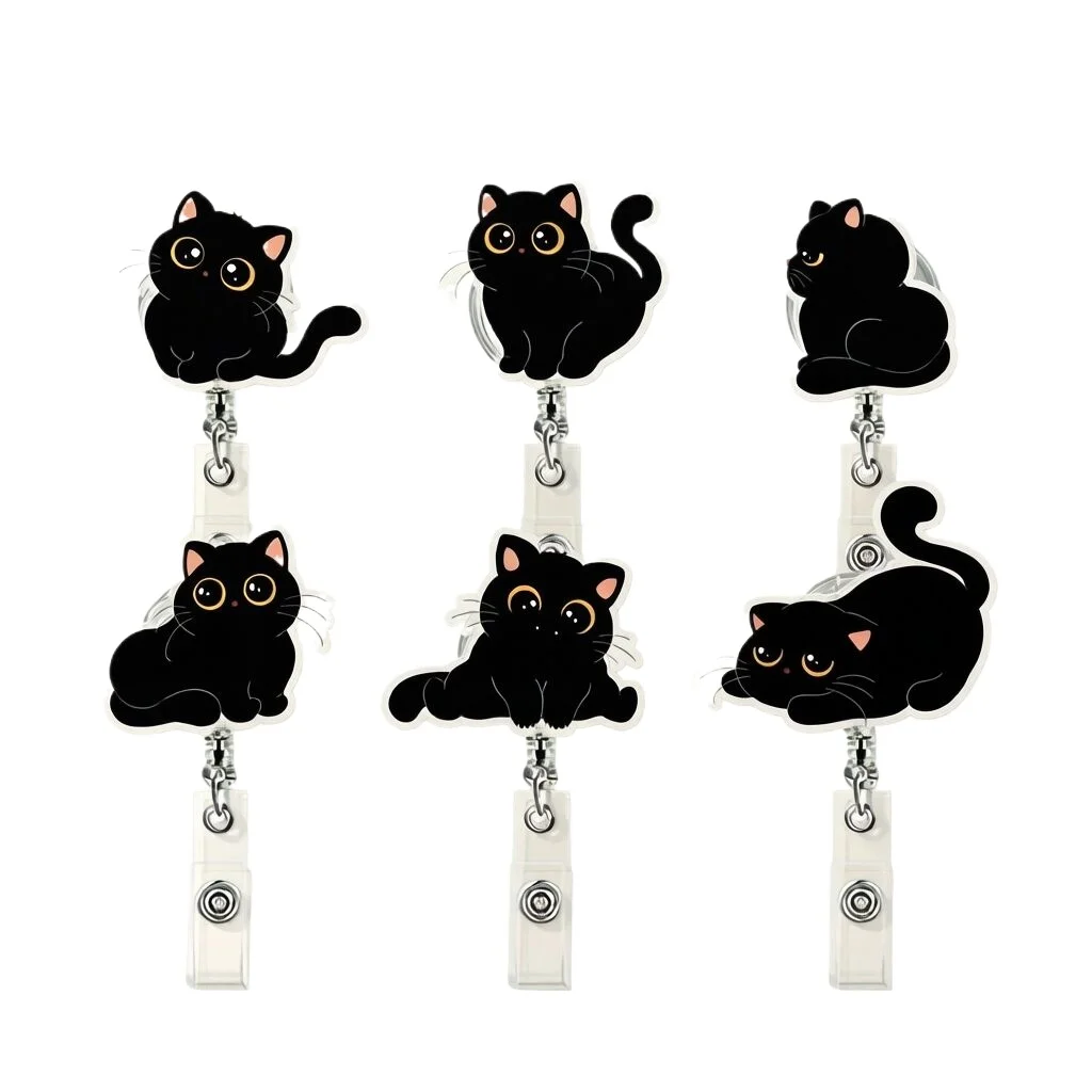 2026 New Design 1 Piece Acrylic Anime Black Cat Retractable Nurse Badge Reel Cute Student Doctor ID Card Holder Keys Lanyard