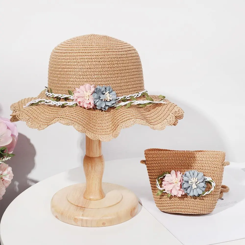 1 Pcs Summer Hats Girls Flower Wide Brim Hat Casual Toddler Baby Straw Hat with Shoulder Bag Sun Beach Travel Sunshade Caps