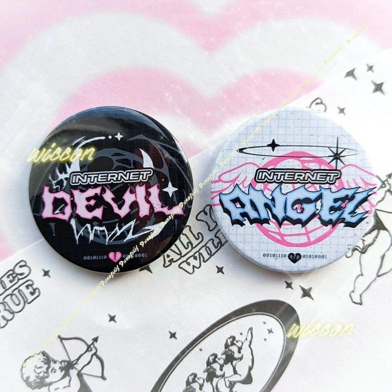 Angel Devil Button Badges Y2K Internet Webcore Aesthetic Cyber Punk Pin Brooches Vintage Graffiti Text Badge For Backpack Gift