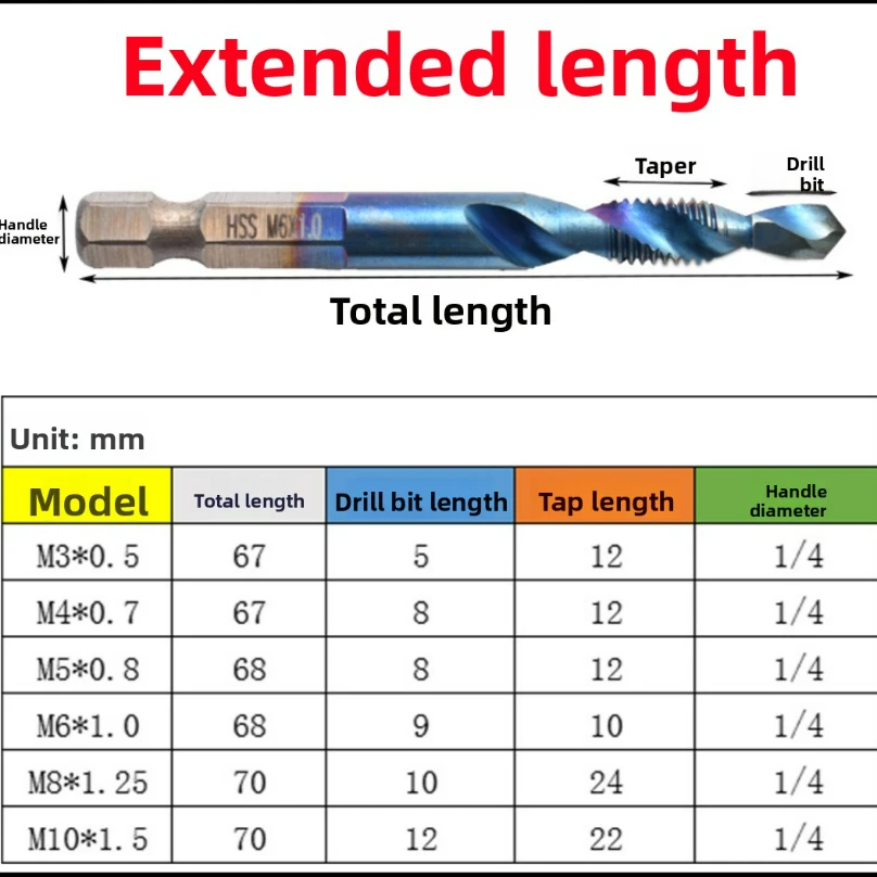 Hex Shank Titanium Plated HSS Screw Thread Metric Tap Drill Bits Screw Machine Compound Tap M3 M4 M5 M6 M8 M10 Hand Tools