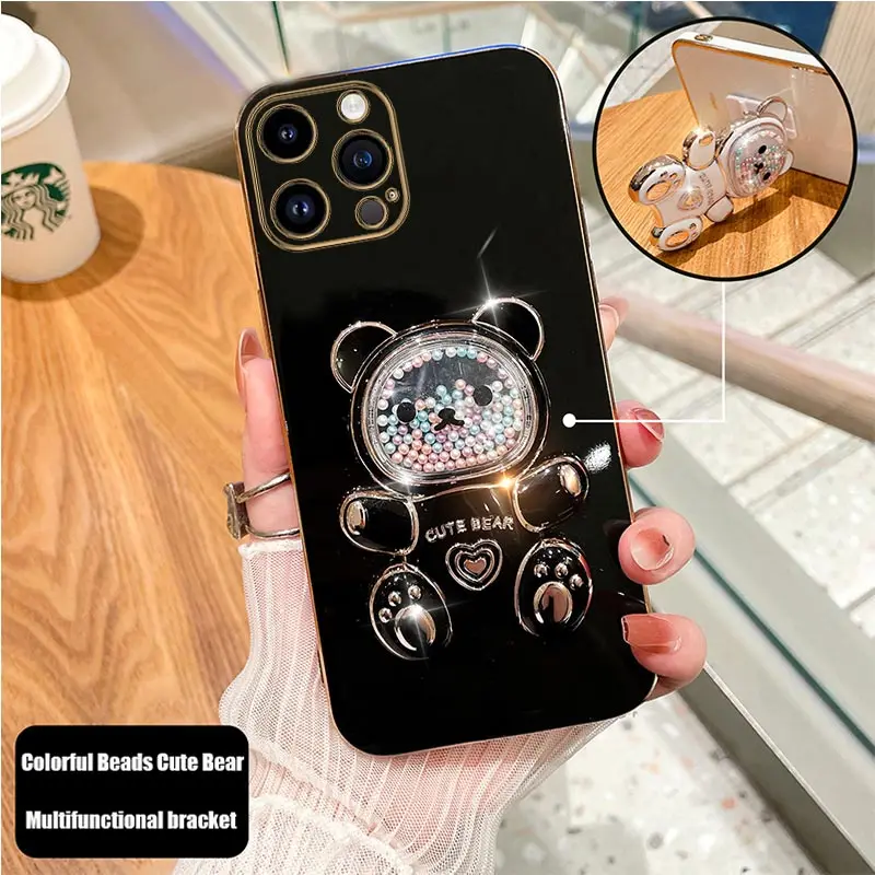 Cute Quicksand Bear Holder Plating Phone Case For iPhone 14 11 12 13 Pro Max Mini 8 7 6 6S Plus 10 X Xr Xs Max SE Stand Cover