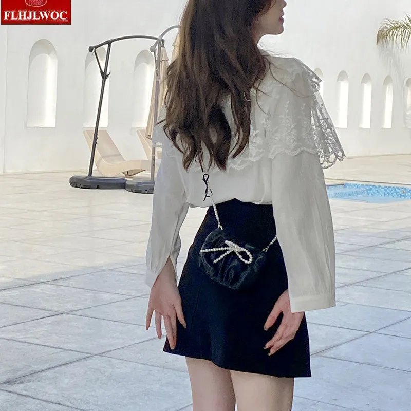 القطن الكشكشة مقوس دانتيل القوس التعادل القمم المرأة الكورية نمط اليابان الفتيات طويلة الأكمام أنيقة لطيف الشريط الحلو الأساسية قمصان بيضاء البلوزات