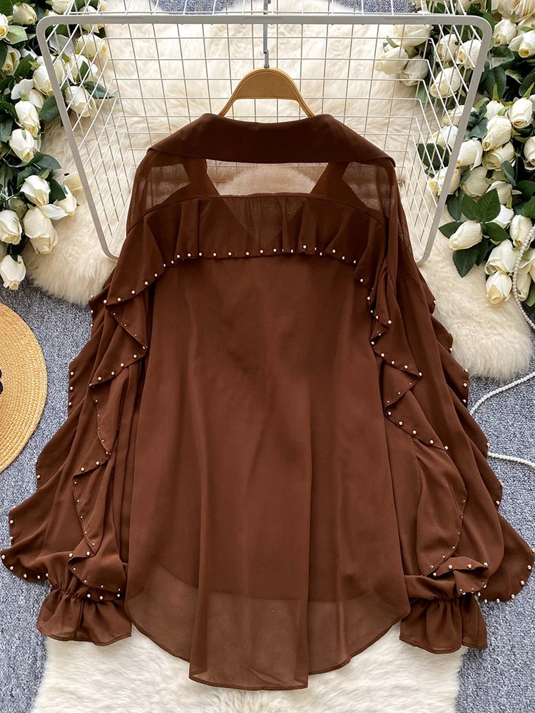 Blusa fina francesa de primavera y otoño para mujer, camisa de gasa con manga acampanada empalmada con volantes y cuentas de alta resistencia, Jersey holgado, Top BL300