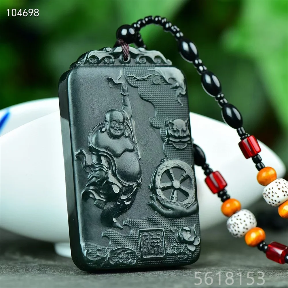 Double sided Hetian Green Jade Buddhism Safe and Successful Square Pendant and Necklace