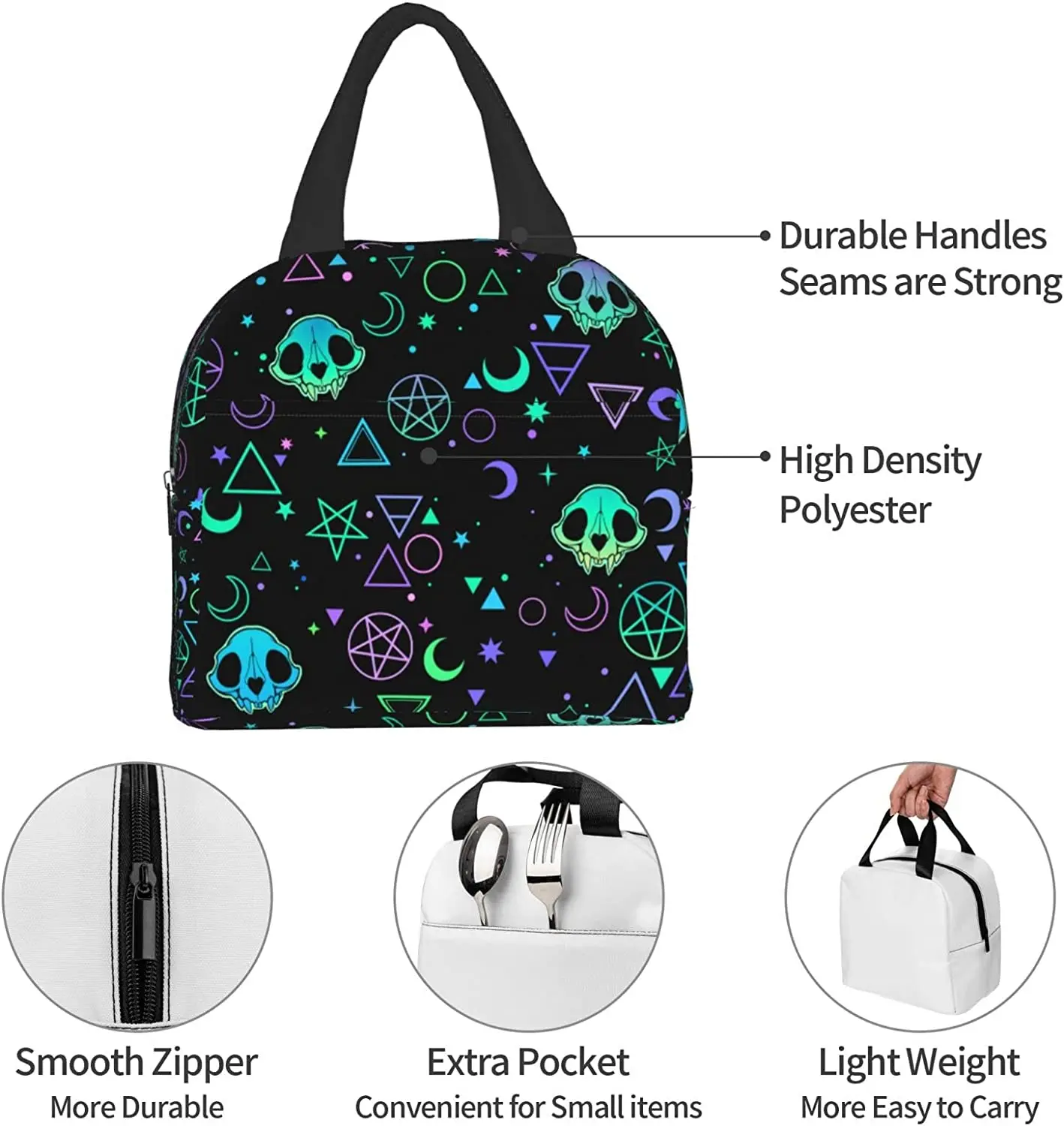 Sacos de Refeição Isolados Reutilizáveis para Homens e Mulheres, Magic Skulls Lunch Bag, Witchcraft Lunch Box, Recipiente de Alimento para Adultos, Trabalho, Viagem, Piquenique