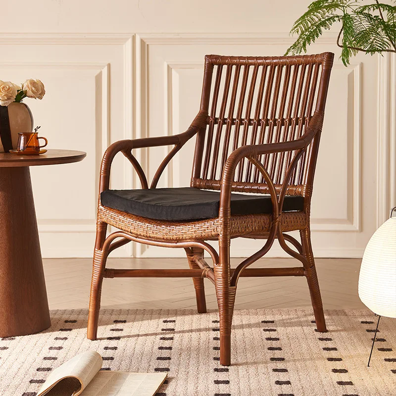 Single-seat rattan chair with backrest, vintage casual, homestay balcony sofa chair, handwoven