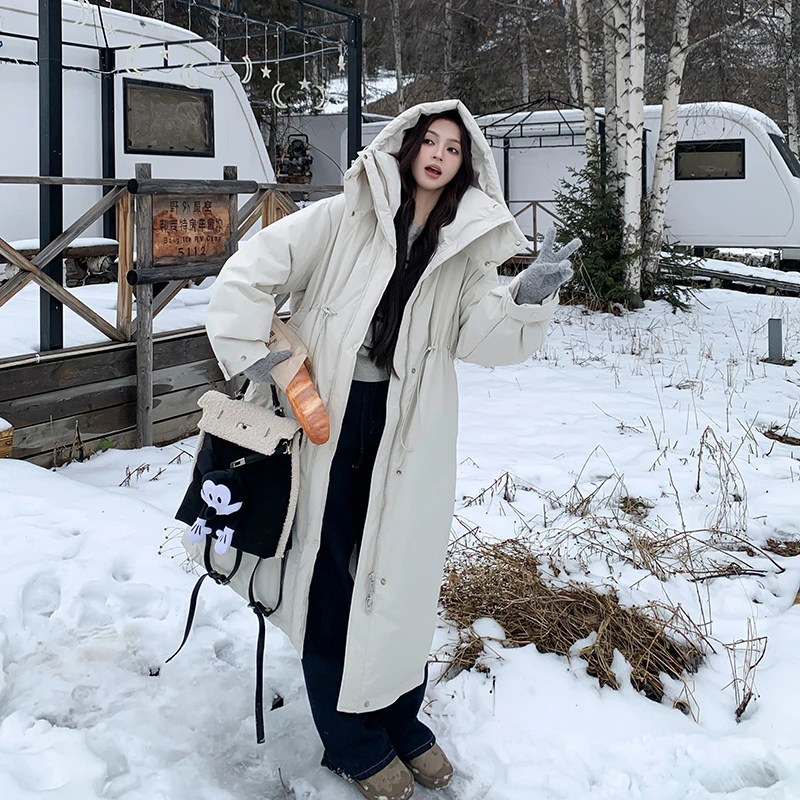 UMI MAO Winterjacke, neuer Windjacke-Stil, langer Stil, stimmungsvolle 90-weiße Entendaunenjacke für Damen