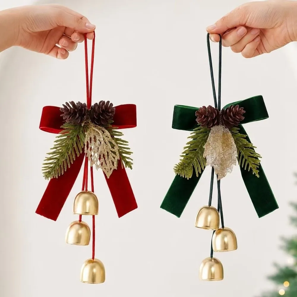 Creative Christmas Bell Pendant Crisp Sound Bowknot Door Hanging Bell Exquisite Pine Cones Xmas Tree Pendant