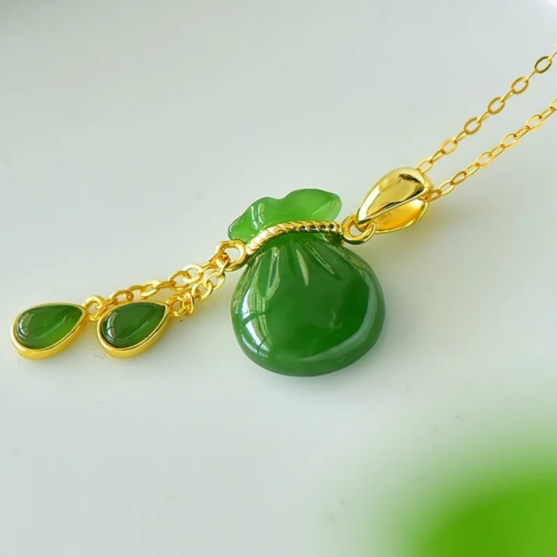 SGARIT Jadeite Hetian Jade S925 Silver Inlay 14*33mm Fortune Bag Fashion Pendant Simple Design Symbolizes Abundant Blessings