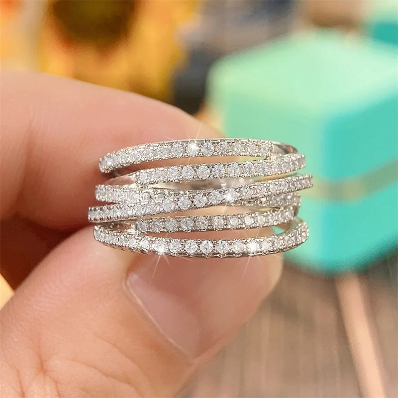 Fashion Female Rings SIlver Color Geometric Line Irregular Multilayer Rings For Women Inlaid Cubic Zircon Wedding Jewelry